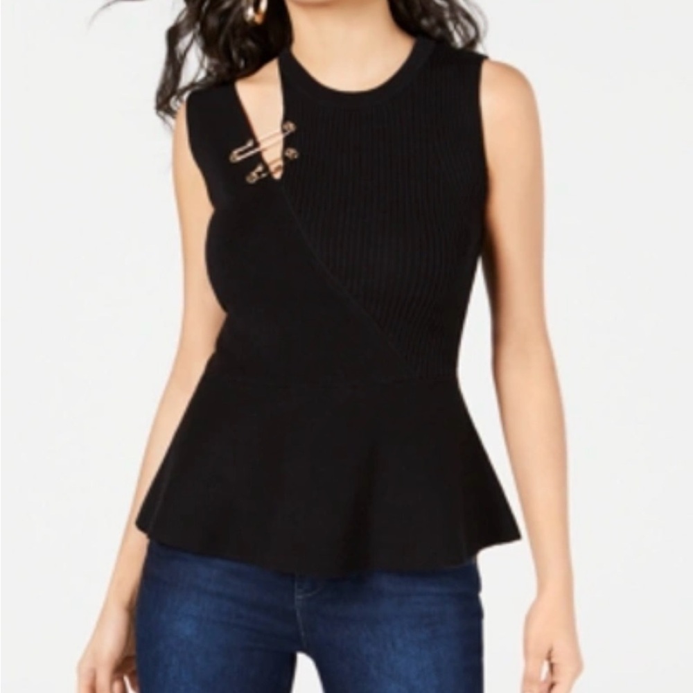 Guess Black Peplum Cut Out Tank Top Ribbed Knit Sweater Safety-pin detail XS NEW